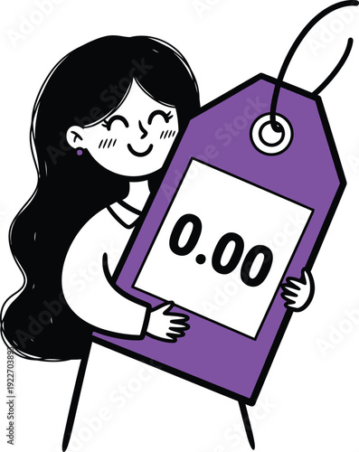 Happy woman hugs a large purple price tag showing '0.00,' symbolizing a free item, zero cost, or a special giveaway promotion.