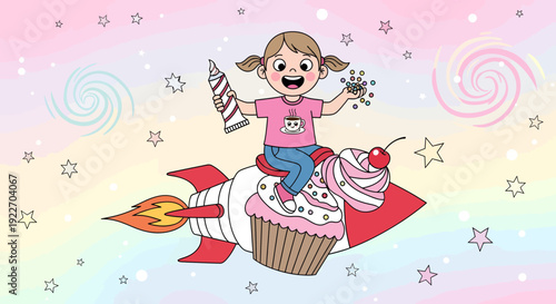Joyful girl on cupcake rocket with party popper and sparkler.