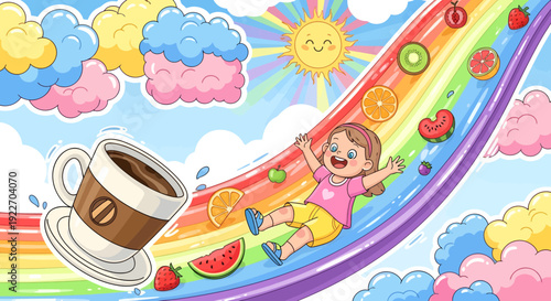 Joyful girl sliding down a vibrant rainbow slide with coffee and fruits.
