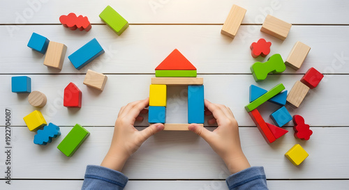 child building structure with colorful wooden blocks on white surface for educational development purposes