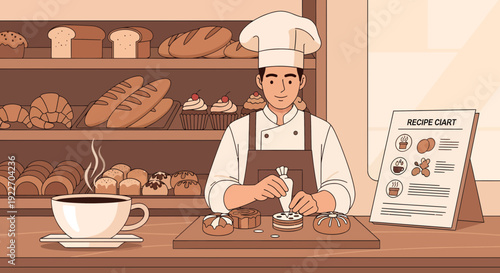 Male baker decorating pastries with a piping bag showcasing his culinary skills and attention to detail.