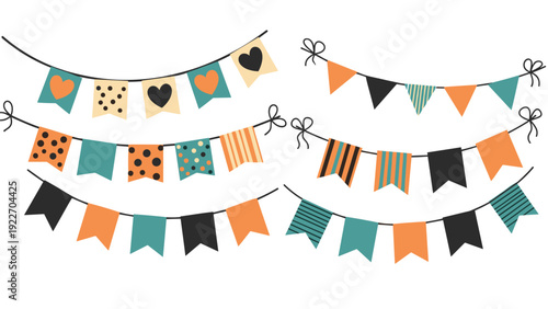 Festive bunting banners in a color palette of orange, teal, and black with various patterns like hearts and stripes for party decor.