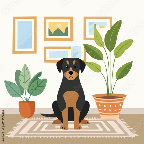 Dog sitting in front of houseplants and framed art