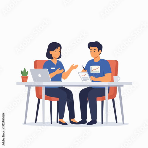 Flat Illustration Consultation Between Business People Discussing Graph Report in Office