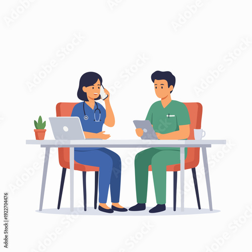 Flat Illustration Two Doctors Discussing Case at Desk Medical Professional