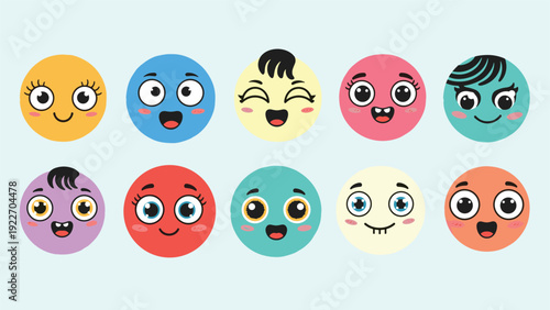 Ten round cartoon faces with various happy and laughing expressions in bright colors like yellow, blue, red, and pink for kid designs.