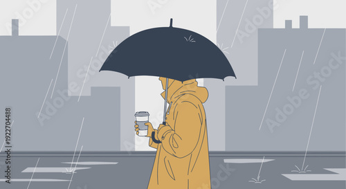 Person in yellow raincoat holding umbrella and phone in rain.