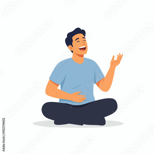 Flat Illustration Cheerful Asian Man Laughing Out Loud Sit Cross Legged