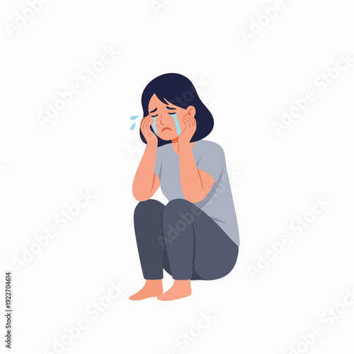 Flat Illustration of Sad Girl Sitting and Crying Feeling Depressed