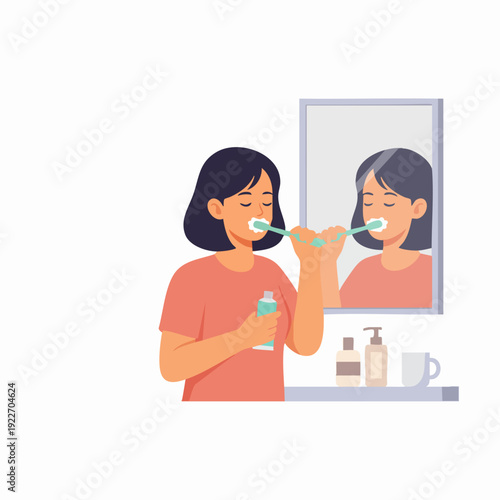 Flat Illustration of Woman Brushing Teeth in Front of Mirror Hygiene