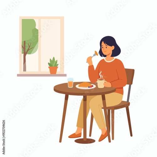 Flat Illustration of Woman Enjoying a Meal at a Round Table Indoors
