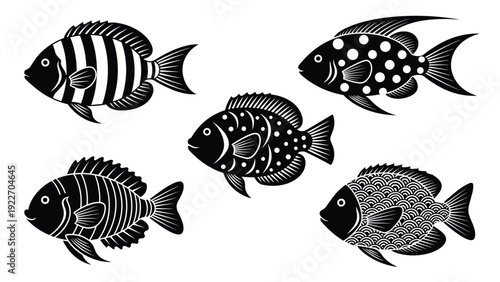 Set of five black and white fish silhouettes featuring unique internal patterns like stripes, polka dots, and stylized scales on white.