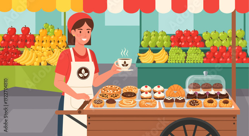 Smiling female vendor holding a cup of coffee at her pastry and baked goods stall.