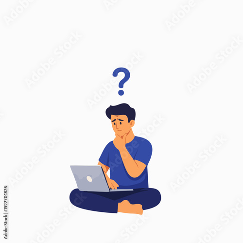 Flat Illustration Pensive Man Sitting with Laptop and Question Mark Graphic