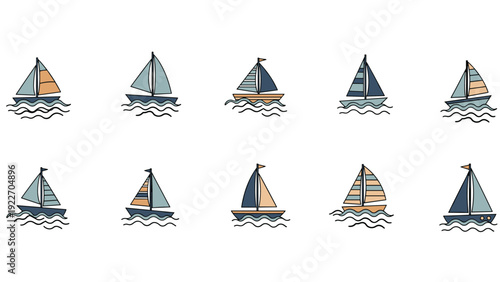 Collection of small sailboat illustrations sailing on blue ocean waves for nautical-themed designs summer vacation icons and coastal art.