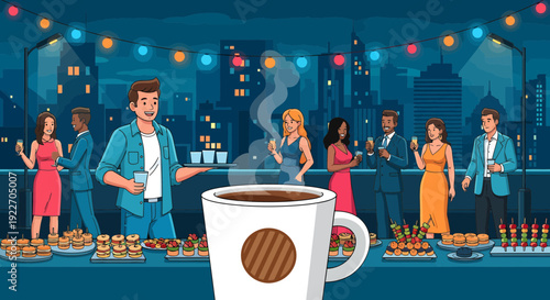 Steaming hot coffee cup with a chocolate cookie design.