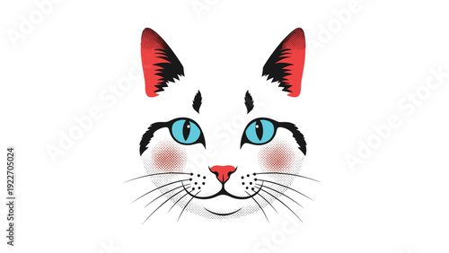 Stylized face of a white cat with bright blue eyes pink ears and cute whiskers for feline-themed graphic design and animal stickers.