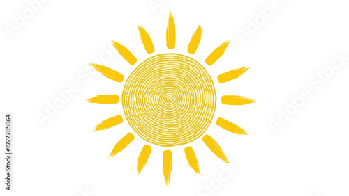 Hand-drawn yellow sun illustration with a spiral center and expressive rays for summer-themed designs and cheerful weather decorations.