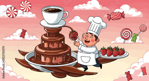 Happy chef dipping a strawberry into a chocolate fountain with a coffee cup on top.