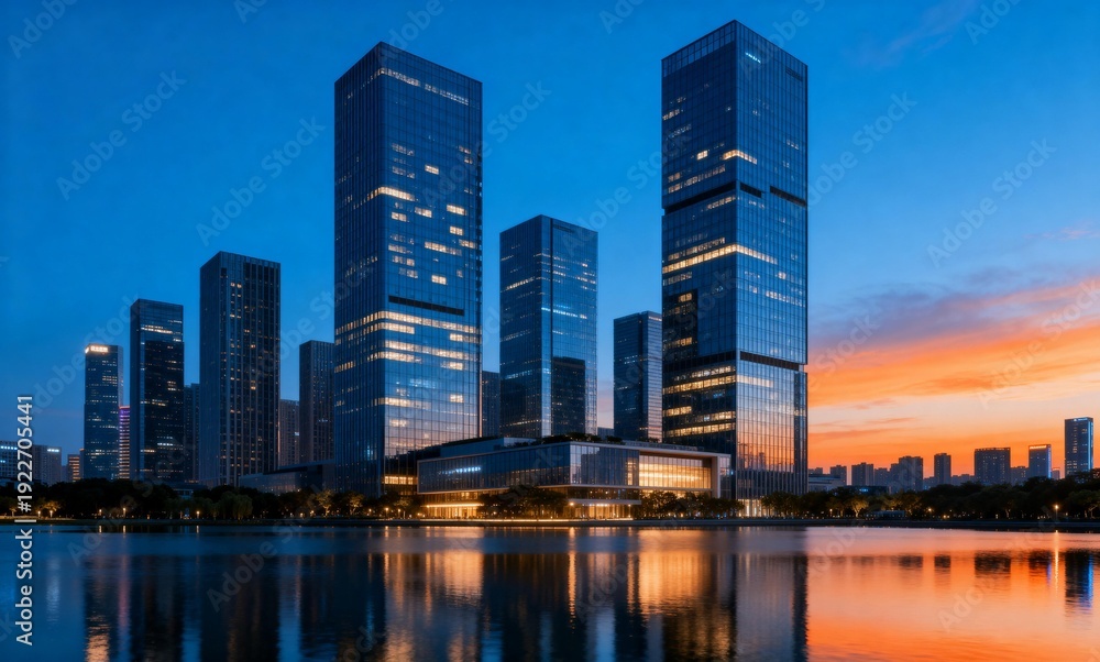Obraz premium Urban Skyscrapers at Blue Hour with Reflection