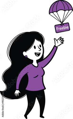 Smiling woman reaching for a 'Freebie' tag falling from a purple parachute, representing gifts and special promotions.