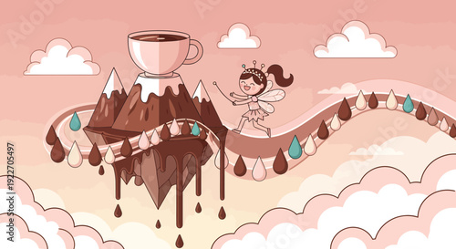 Whimsical chocolate mountain with coffee cup and fairy.