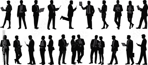 Business people silhouette collection with laptops and tablets, corporate professionals black vector set isolated on white background