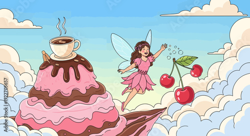 Whimsical Fairy Flying with Cherries Near a Giant Ice Cream Sundae with Coffee.