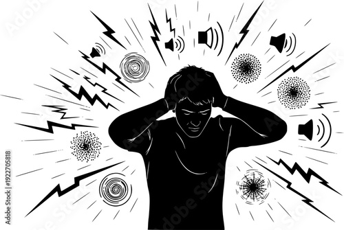 Person overwhelmed by sensory input, seeking quiet escape from noise
