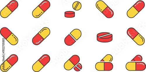 Medicine pill capsule icon set flat vector collection of pharmaceutical tablets and capsules isolated on light background
