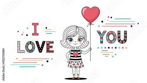 Cute girl character holding a heart-shaped balloon with decorative text reading i love you for romantic valentine day greeting card art.