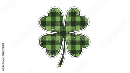 Single four-leaf clover with a green plaid pattern and distressed texture for saint patrick day decorations and good luck theme designs.