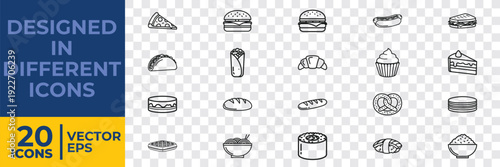 A collection of 20 minimalist flat vector icons depicting various fast food items, desserts, and drinks, designed in a clean and modern style.