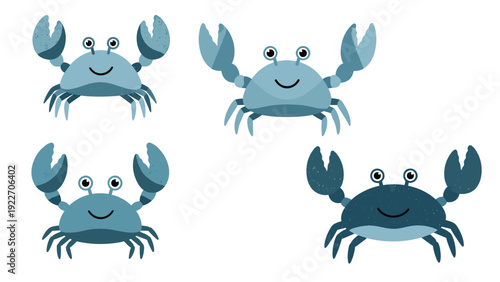 Set of four blue crab illustrations with different shading and textures for nautical-themed graphics and seafood restaurant branding sets.