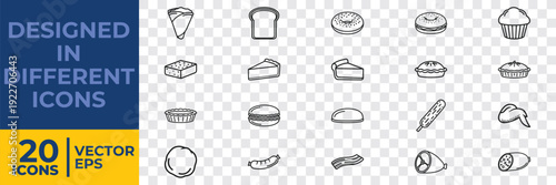 A collection of 20 minimalist flat vector icons depicting various foods, kitchen items, and desserts, designed in EPS format for versatile use.