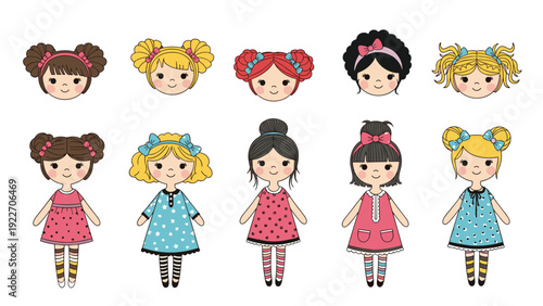 Collection of cute illustrated dolls and matching doll heads with various hairstyles for children toy branding and character design projects.