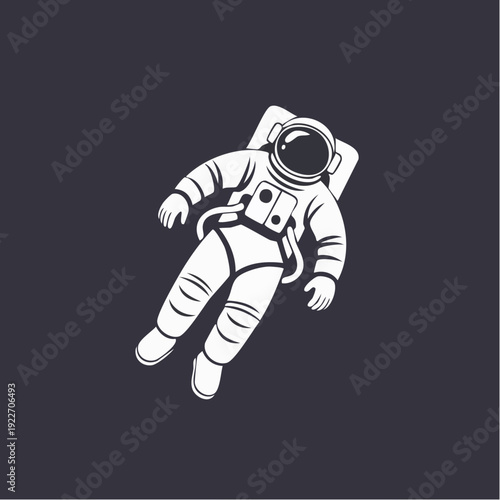 Stylized monochrome vector illustration of a solitary astronaut gracefully floating in the vastness of space, embodying cosmic exploration, scientific discovery, and human ambition beyond Earth