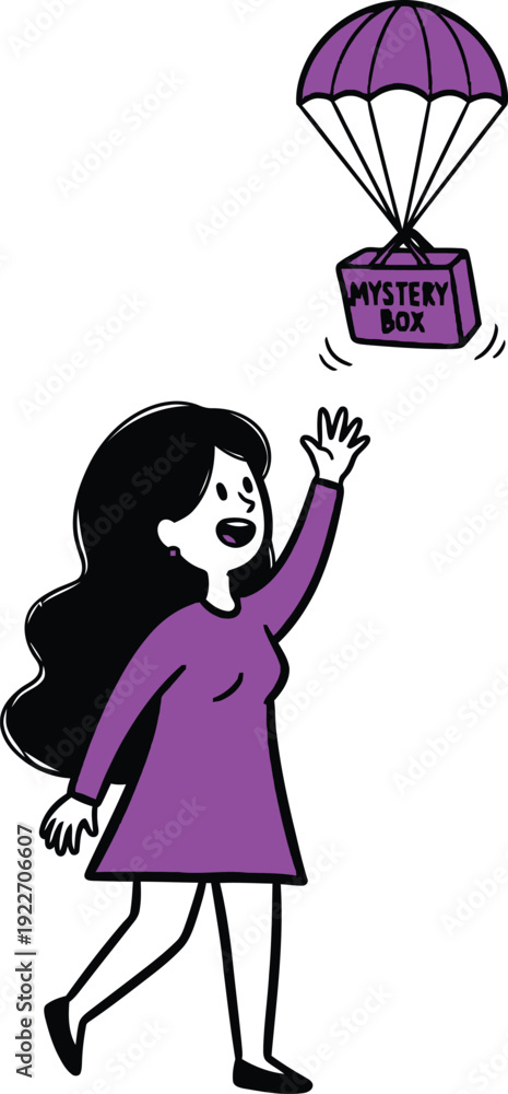 Obraz premium Woman Reaching for Mystery Box Dropped by Parachute, Surprise Delivery and Exciting Gifts Concept