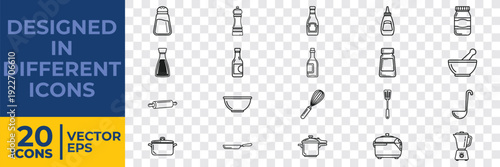 A collection of 20 minimalist flat design vector icons depicting kitchen utensils, appliances, and cookware in a clean, modern style.