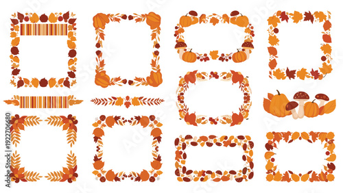 Set of autumn-themed frames and dividers featuring leaves pumpkins and mushrooms for seasonal holiday flyers and thanksgiving design projects.