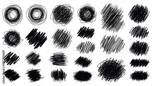 Collection of black hand-drawn scribbles and circles with varying density for artistic background textures and abstract graphic design elements.