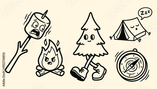 Camping Fun Doodles Black and White