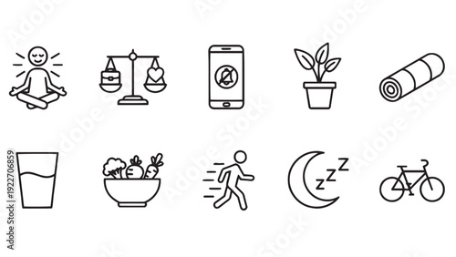 Healthy lifestyle wellness icon set for fitness app design, nutrition tracking platforms, mental health applications, self care routine interfaces, and holistic wellbeing program materials