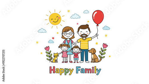 Vector illustration of a happy family including parents, children, a cat, and a dog standing together under a smiling sun and clouds.