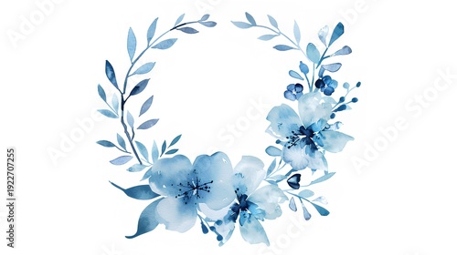 watercolor line art, blue floral wreath frame, cute clipart, cottage-core, neutral, white isolated background, minimalistic