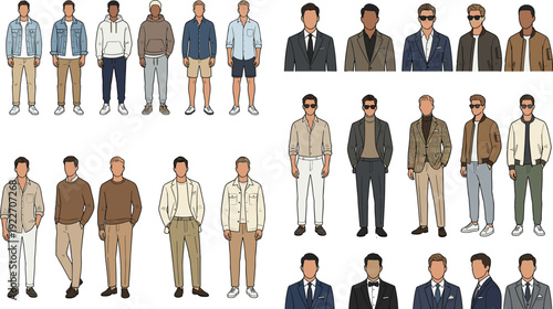 Men fashion collection with casual and formal outfits, diverse male characters full body and portrait vector illustration set