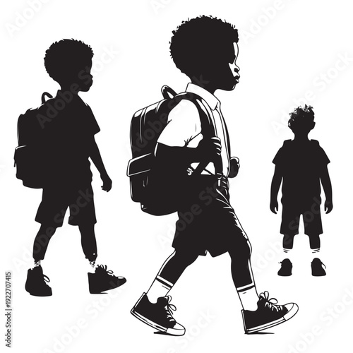 Black Kid first day school Silhouette Vector, High Quality Illustration on White Background