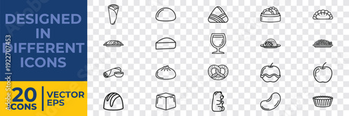 A collection of 20 flat vector illustrations featuring food, kitchen utensils, and dining items in a minimalist and modern design style.