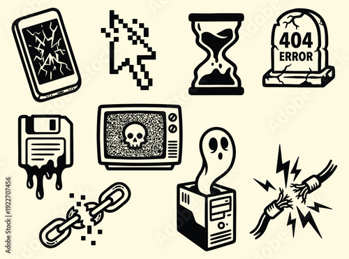 Cyber Failure Glitch, Error & Data Loss Vector Icons