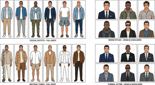 Men fashion outfit collection, casual neutral and formal attire full body and head portraits vector illustration set
